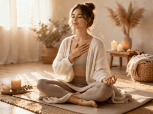 Frau macht Atemübung mit Hand auf Herz zur Selbstfürsorge und schnellen Stressreduktion