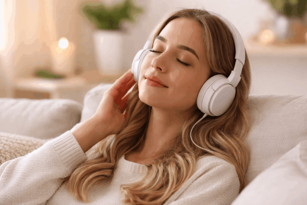 Frau mit Kopfhörern entspannt sich bei binauralen Beats Meditation zur Stressreduktion und Beruhigung des Nervensystems
