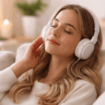 Frau mit Kopfhörern entspannt sich bei binauralen Beats Meditation zur Stressreduktion und Beruhigung des Nervensystems