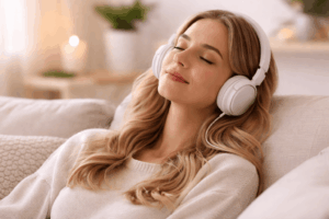Entspannte Frau mit Kopfhörern hört binaurale Beats zur Meditation und Stressreduktion in ruhiger Umgebung