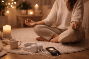 Frau entspannt sich mit Kopfhörern bei binauralen Beats Meditation in ruhiger Atmosphäre