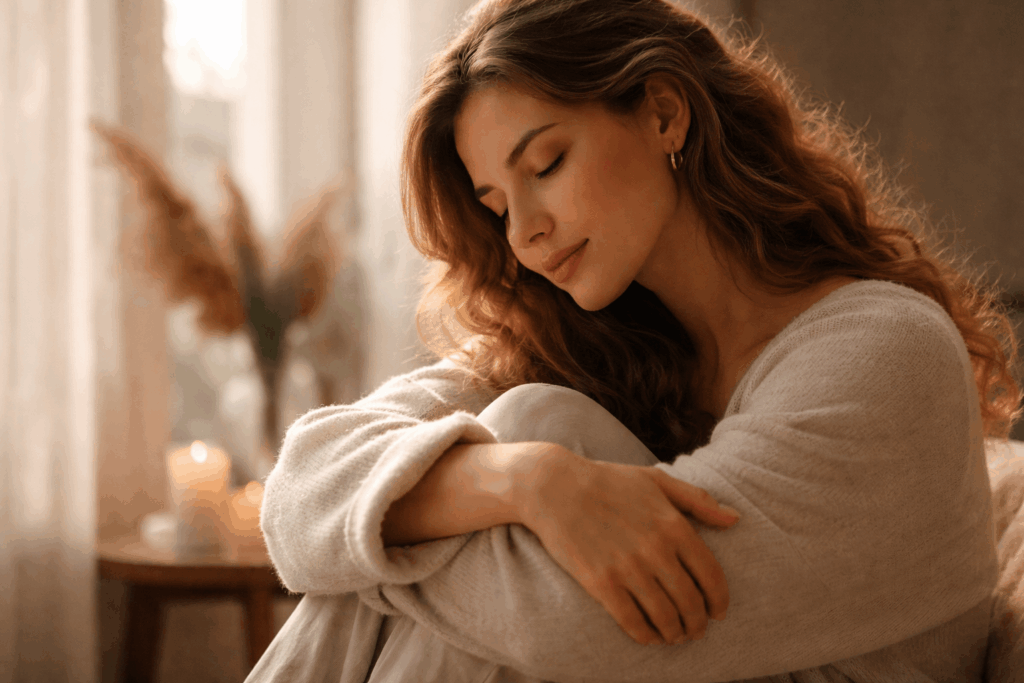 Frau sitzt entspannt im warmen Licht am Fenster und hält die Knie umarmt – Symbol für Selbstwertgefühl verbessern und innere Ruhe finden