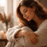 Frau sitzt entspannt im warmen Licht am Fenster und hält die Knie umarmt – Symbol für Selbstwertgefühl verbessern und innere Ruhe finden