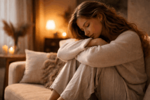 Erschöpfte Frau sitzt abends nachdenklich auf dem Sofa – Symbol für geringes Selbstwertgefühl und das Bedürfnis, das Selbstwertgefühl zu verbessern