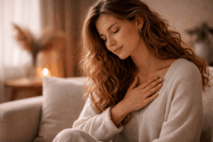 Frau mit geschlossenen Augen und Hand auf dem Herzen – Symbol für Selbstwertgefühl verbessern und inneren Leistungsdruck loslassen