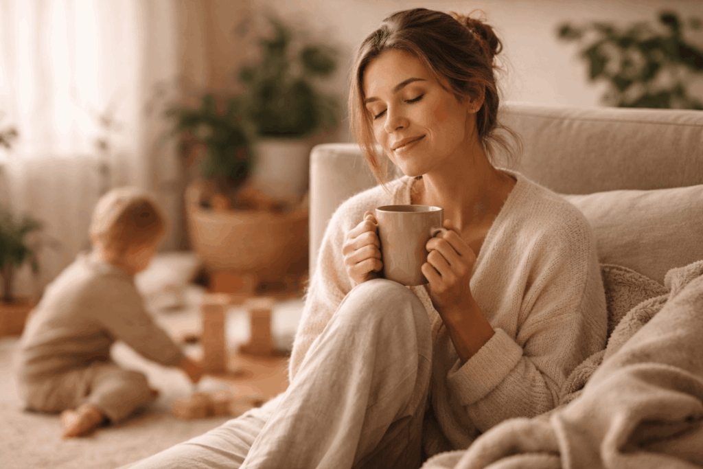 Selbstfürsorge im Mama-Alltag: entspannte Mutter mit Tasse Tee auf dem Sofa, während ihr Kind im Hintergrund spielt – achtsamer Moment der Ruhe im Familienalltag