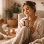Selbstfürsorge im Mama-Alltag: Wie du dich wieder spürst, statt nur zu funktionieren Selbstfürsorge im Mama-Alltag: entspannte Mutter mit Tasse Tee auf dem Sofa, während ihr Kind im Hintergrund spielt – achtsamer Moment der Ruhe im Familienalltag