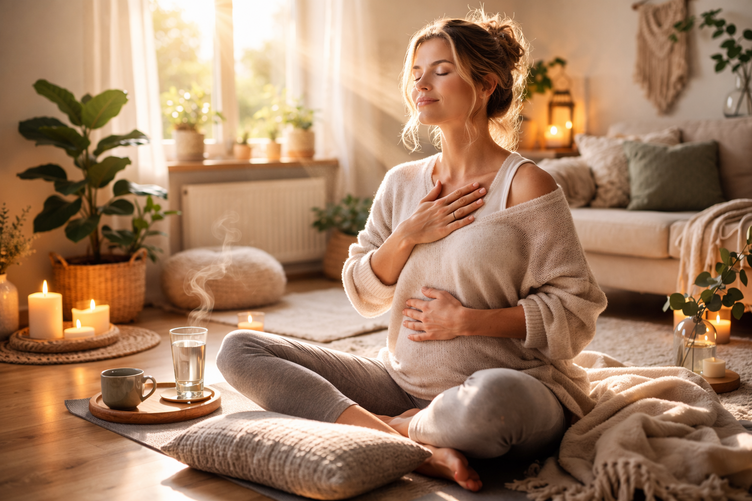 Mehr Energie durch einfache Selbstfürsorge Ideen: entspannte Frau mit Tee und kleine Wellness-Rituale wie Kerze und Notizbuch für mehr Ruhe und Stressabbau im Alltag.