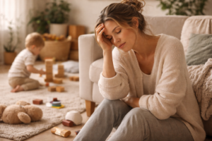 Selbstfürsorge als Mama: erschöpfte Mutter sitzt nachdenklich im Wohnzimmer zwischen Spielzeug – Überforderung und Dauerstress im Familienalltag.
