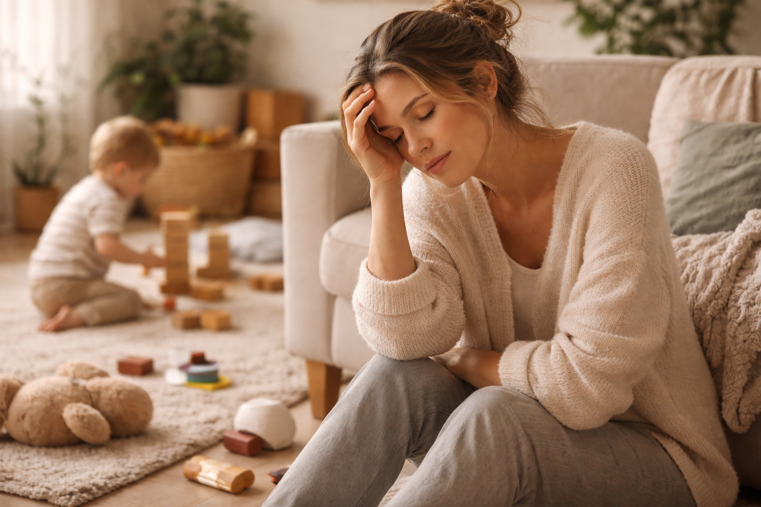 Selbstfürsorge als Mama: erschöpfte Mutter sitzt nachdenklich im Wohnzimmer zwischen Spielzeug – Überforderung und Dauerstress im Familienalltag.