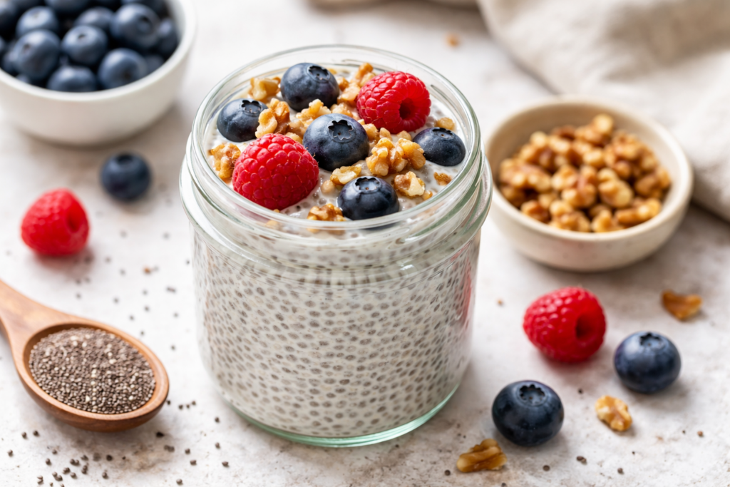 Chia-Pudding mit Beeren und Walnüssen als entzündungshemmendes Frühstück in einem Glas