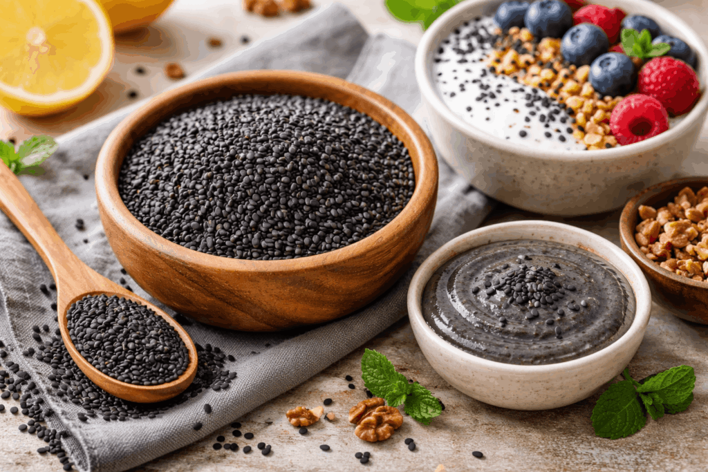 Schwarzer Sesam in einer Holzschale mit Löffel – nährstoffreiches Superfood für Nervensystem, Stressreduktion und entzündungshemmende Ernährung