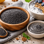 Schwarzer Sesam: Das unterschätzte Stress-Superfood Schwarzer Sesam in einer Holzschale mit Löffel – nährstoffreiches Superfood für Nervensystem, Stressreduktion und entzündungshemmende Ernährung