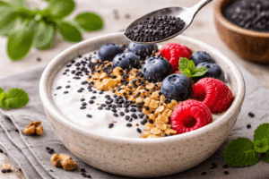 Schwarzer Sesam als Topping auf gesunder Bowl mit Beeren und Nüssen – nährstoffreiches Superfood für Nervensystem und Stressreduktion