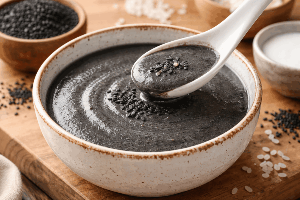 Schwarze Sesam Suppe Rezept – cremiges asiatisches Dessert aus schwarzem Sesam in einer Schale