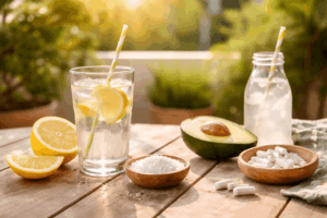 Glas Zitronenwasser mit Meersalz, Avocado und Magnesiumkapseln im Sommerlicht – Symbolbild für Sommermüdigkeit, Hitze Erschöpfung und Nährstoffmangel
