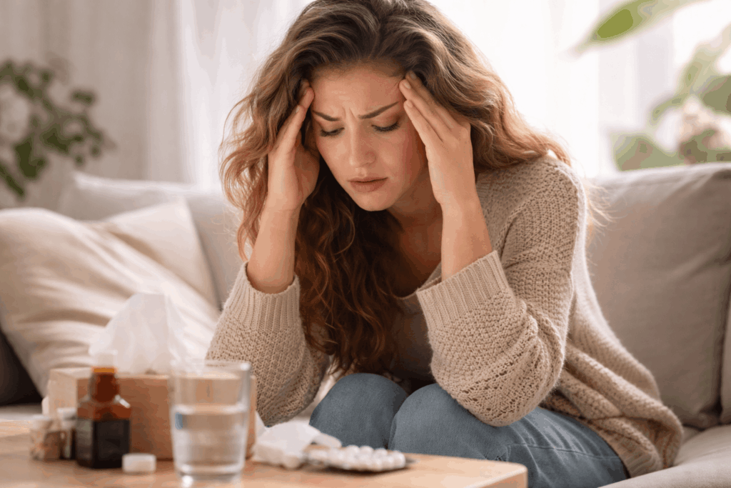 Frau mit Erschöpfung und Kopfschmerzen durch Stress Entzündung sitzt auf Sofa und hält sich die Schläfen