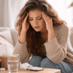 Frau mit Erschöpfung und Kopfschmerzen durch Stress Entzündung sitzt auf Sofa und hält sich die Schläfen