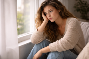 Erschöpfte Frau sitzt am Fenster und wirkt überfordert – Symbol für Stress Entzündung und chronische Erschöpfung durch Dauerstress