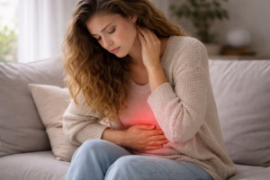 Frau mit Schmerzen im Bauchbereich als Symbol für stille Entzündungen durch Stress und erhöhtes Cortisol