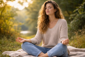 Frau meditiert im Freien zur Stressreduktion und Nervensystem Regulierung bei Stress Entzündung und chronischer Erschöpfung