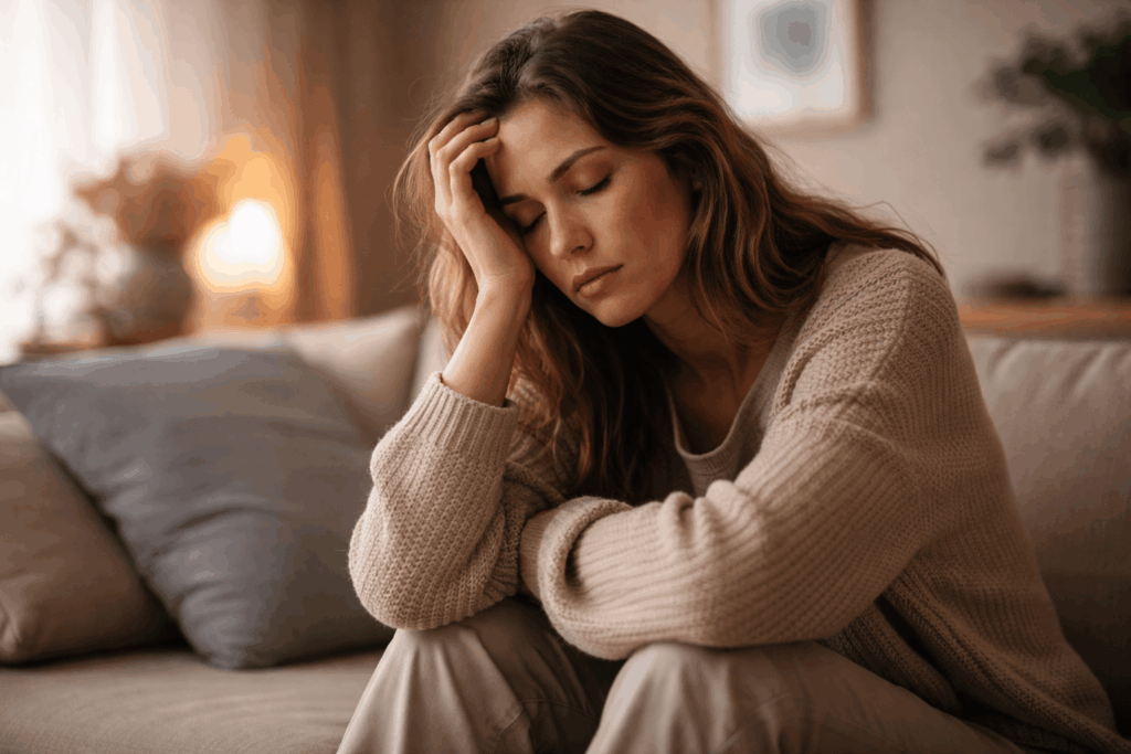 Frau sitzt erschöpft auf Sofa und hält sich den Kopf – Symbolbild für Freeze-Zustand, emotionale Taubheit und Nervensystem im Funktionsmodus