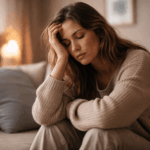 Freeze-Zustand: Wenn dein Körper abschaltet und du nur noch funktionierst Frau sitzt erschöpft auf Sofa und hält sich den Kopf – Symbolbild für Freeze-Zustand, emotionale Taubheit und Nervensystem im Funktionsmodus