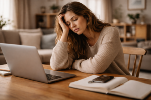 Erschöpfte Frau arbeitet am Laptop mit leerem Blick – Symbolbild für Freeze-Zustand, Funktionsmodus und überlastetes Nervensystem