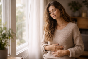 Erschöpfte Frau sitzt am Laptop und hält sich den Kopf – Symbolbild für Freeze-Zustand, Funktionsmodus und überlastetes Nervensystem durch Dauerstress