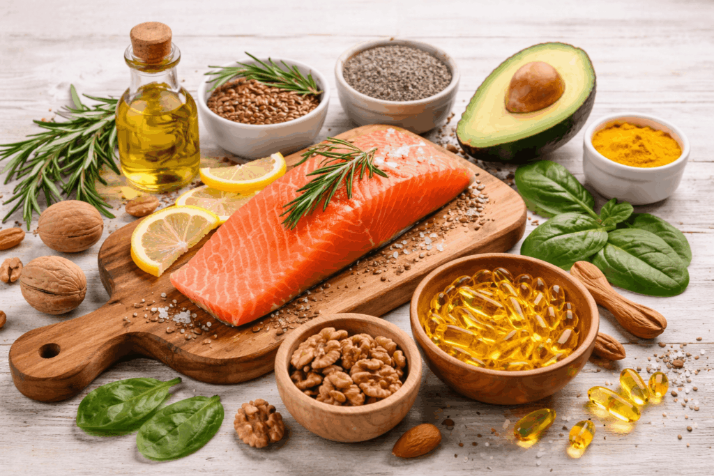 Omega-3 reiche Lebensmittel wie Lachs, Leinsamen, Chiasamen, Walnüsse und Fischölkapseln auf Holzuntergrund – natürliche Unterstützung bei stillen Entzündungen.