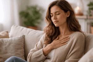 Frau sitzt mit geschlossenen Augen und Hand auf dem Herzen – Symbolbild für stille Entzündungen, chronische Entzündungen und ganzheitliche Unterstützung durch Omega-3.