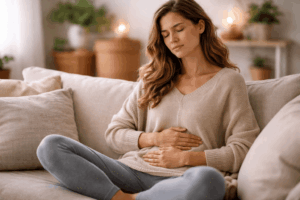 Frau sitzt entspannt mit geschlossenen Augen und Händen auf dem Bauch – Symbol für ganzheitliche Regulation bei chronischen Entzündungen und Unterstützung durch Omega-3.