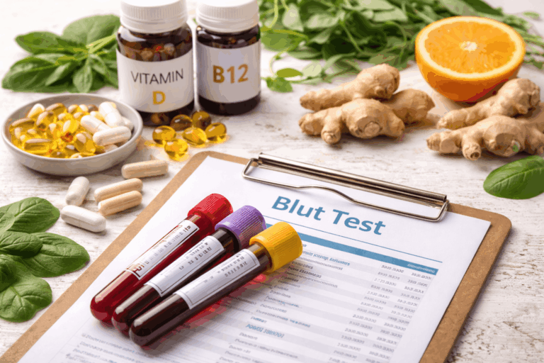 Blut Test bei chronischer Erschöpfung mit Blutproben und Mikronährstoffen wie Vitamin D und B12 zur Untersuchung von Blutwerten bei Müdigkeit