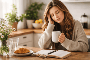 Erschöpfte Frau am Morgen mit Tasse Kaffee oder Tee – Symbol für chronische Müdigkeit und mögliche Ursachen wie Nährstoffmangel und unausgeglichene Blutwerte