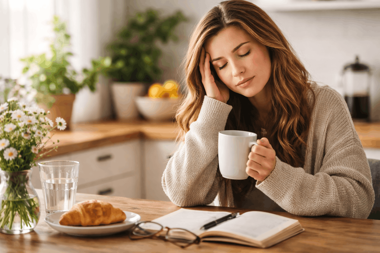 Erschöpfte Frau am Morgen mit Tasse Kaffee oder Tee – Symbol für chronische Müdigkeit und mögliche Ursachen wie Nährstoffmangel und unausgeglichene Blutwerte
