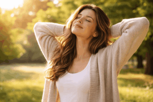 Frau im Sonnenlicht mit neuer Energie – Symbol für Regeneration bei chronischer Erschöpfung und körperliche Ursachen von Müdigkeit