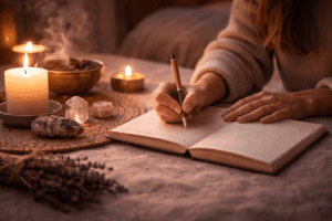 Loslass Schreibritual zum Neumond mit Notizbuch und Kerze für innere Ruhe und zur Beruhigung des Nervensystems