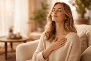 Frau hält inne und atmet bewusst durch als Achtsamkeit Übung gegen Stress im Alltag