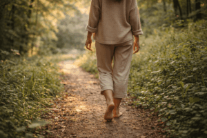 Frau geht langsam und bewusst als Achtsamkeit Übung für mehr Ruhe im Alltag