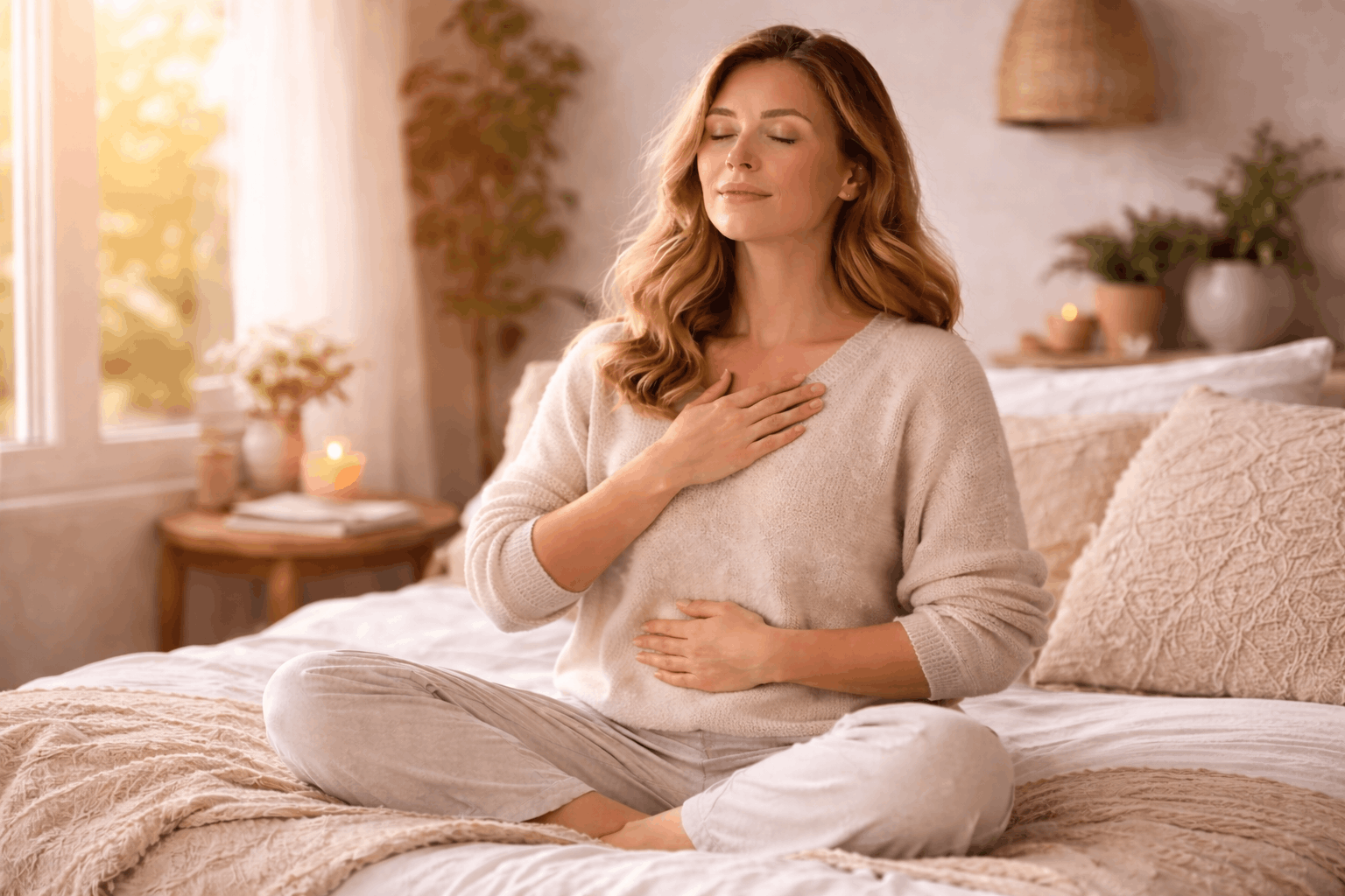 Frau sitzt im Schneidersitz auf dem Bett und macht Vagusnerv Übung zur Beruhigung des Nervensystems im Alltag