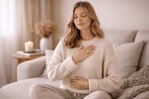 Frau legt beruhigend die Hand auf Bauch und Herz als Symbol für stressbedingte Heißhungerattacken und Nervensystem im Alarmmodus