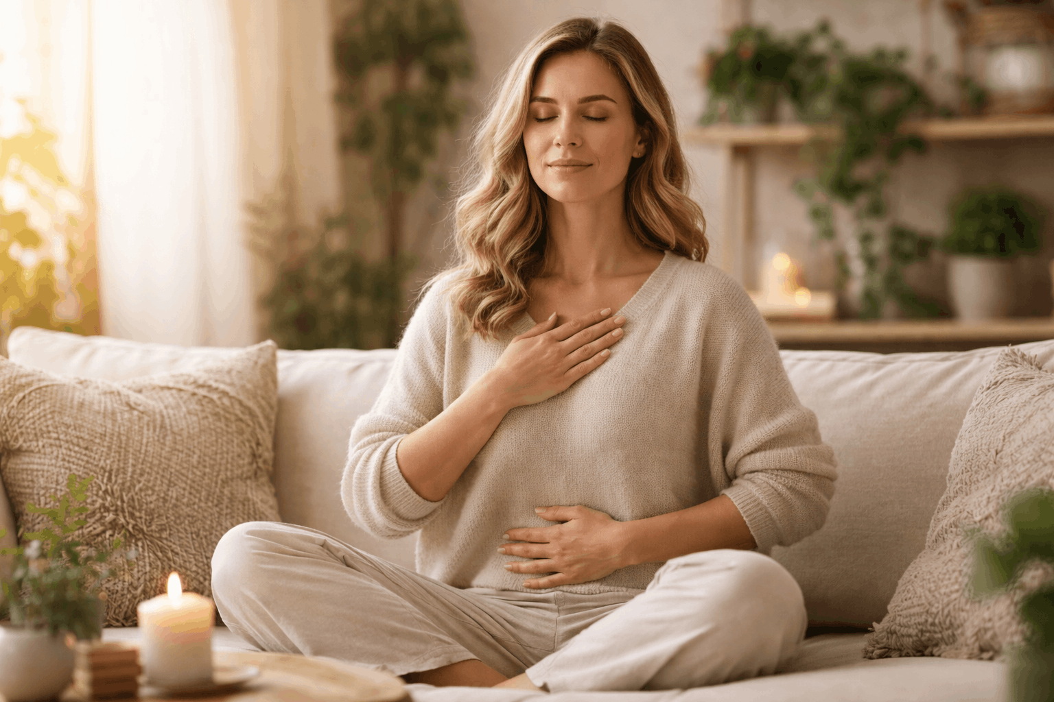 Frau sitzt entspannt mit geschlossenen Augen und Hand auf Herz beim Vagusnerv aktivieren zur Beruhigung des Nervensystems