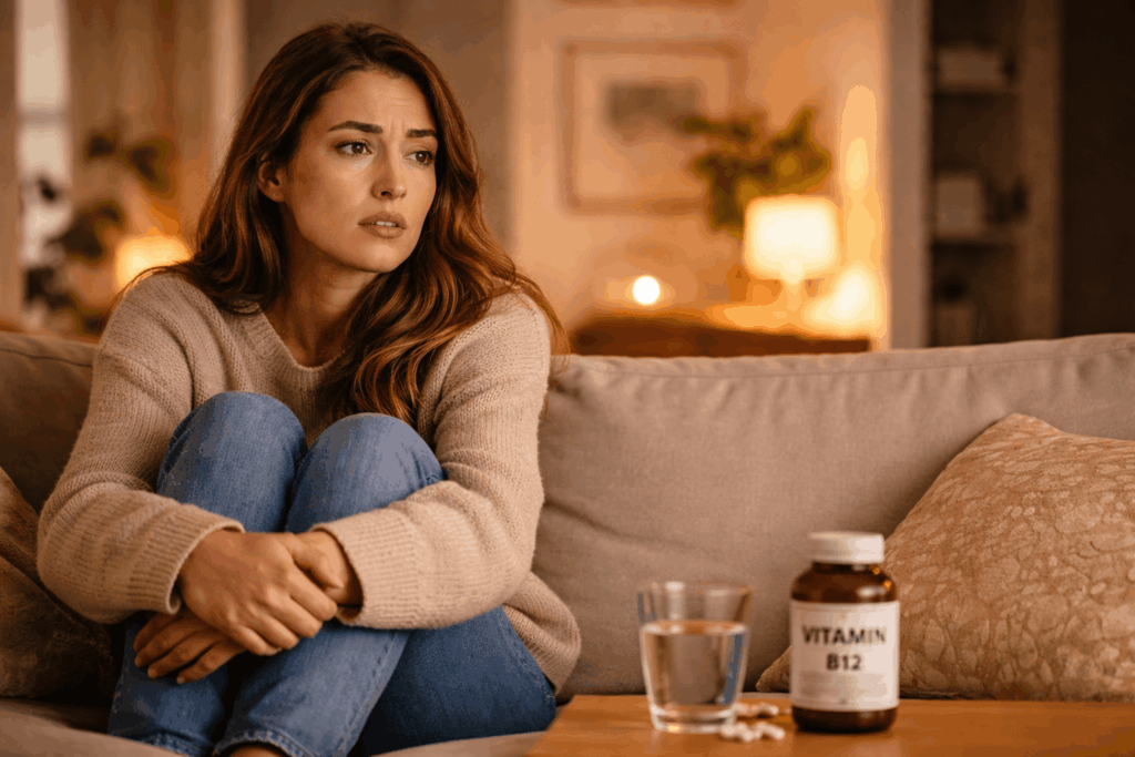 Frau sitzt erschöpft und angespannt auf dem Sofa mit möglichem Vitamin B12 Mangel und innerer Unruhe