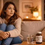 Frau sitzt erschöpft und angespannt auf dem Sofa mit möglichem Vitamin B12 Mangel und innerer Unruhe