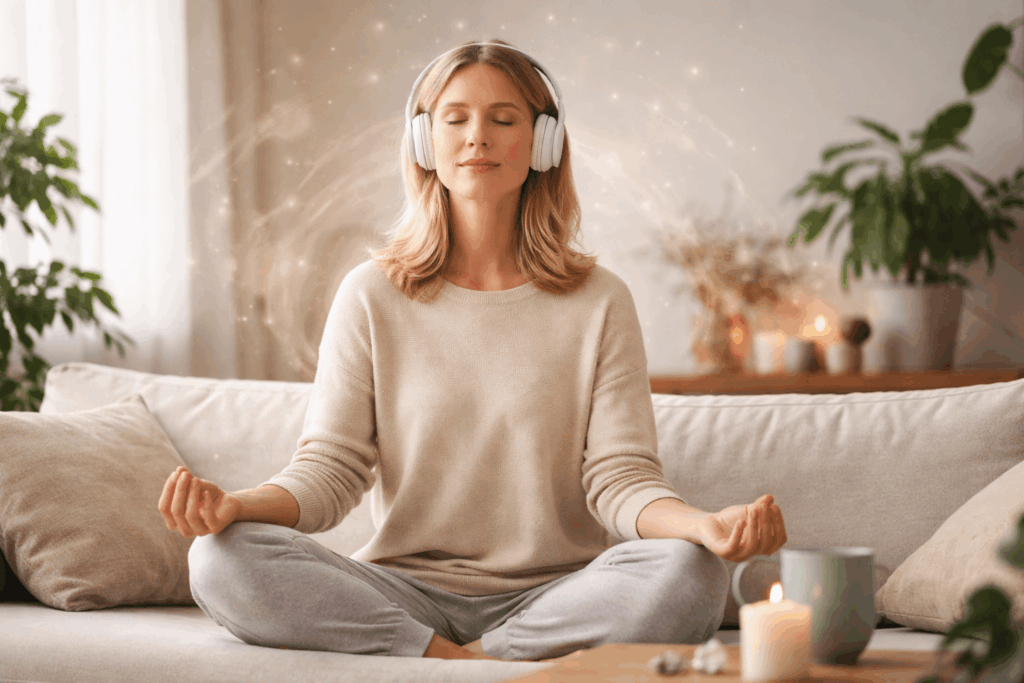 Frau entspannt mit Kopfhörern bei Meditation mit Meditations App zur Stressreduktion und Nervensystem Regulierung