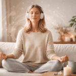 Frau entspannt mit Kopfhörern bei Meditation mit Meditations App zur Stressreduktion und Nervensystem Regulierung