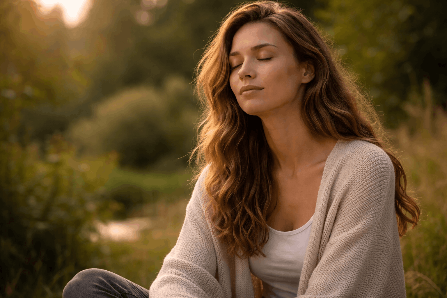 Frau sitzt entspannt in der Natur mit geschlossenen Augen und beruhigt ihr Nervensystem – innere Ruhe finden und Stress abbauen