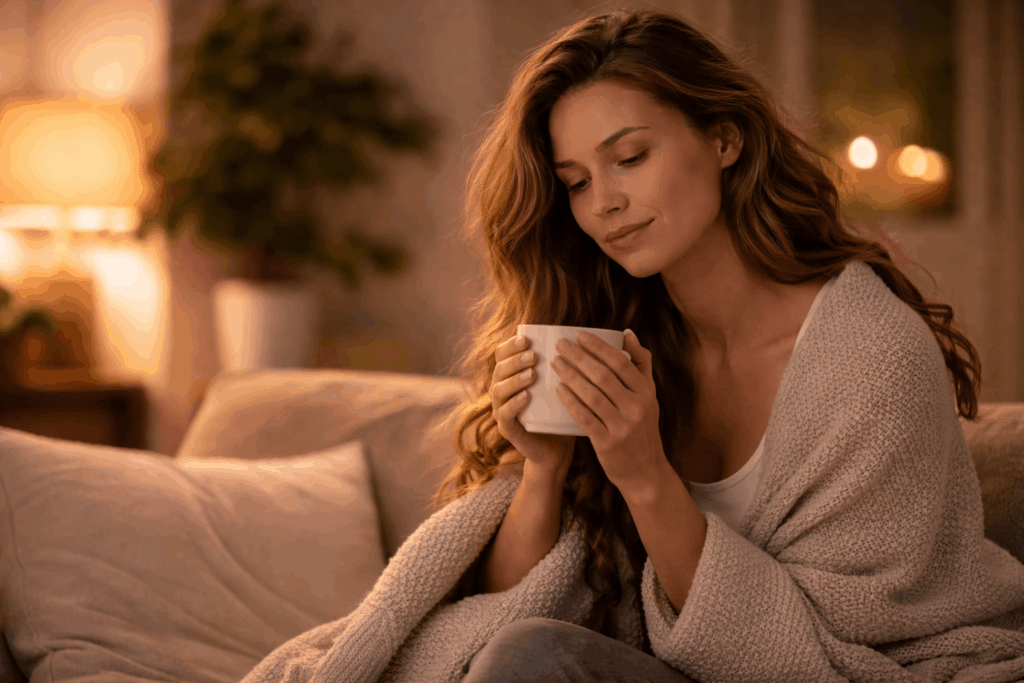 Frau entspannt auf dem Sofa mit Tee und beruhigt ihr Nervensystem – innere Ruhe finden und Stress abbauen im Alltag