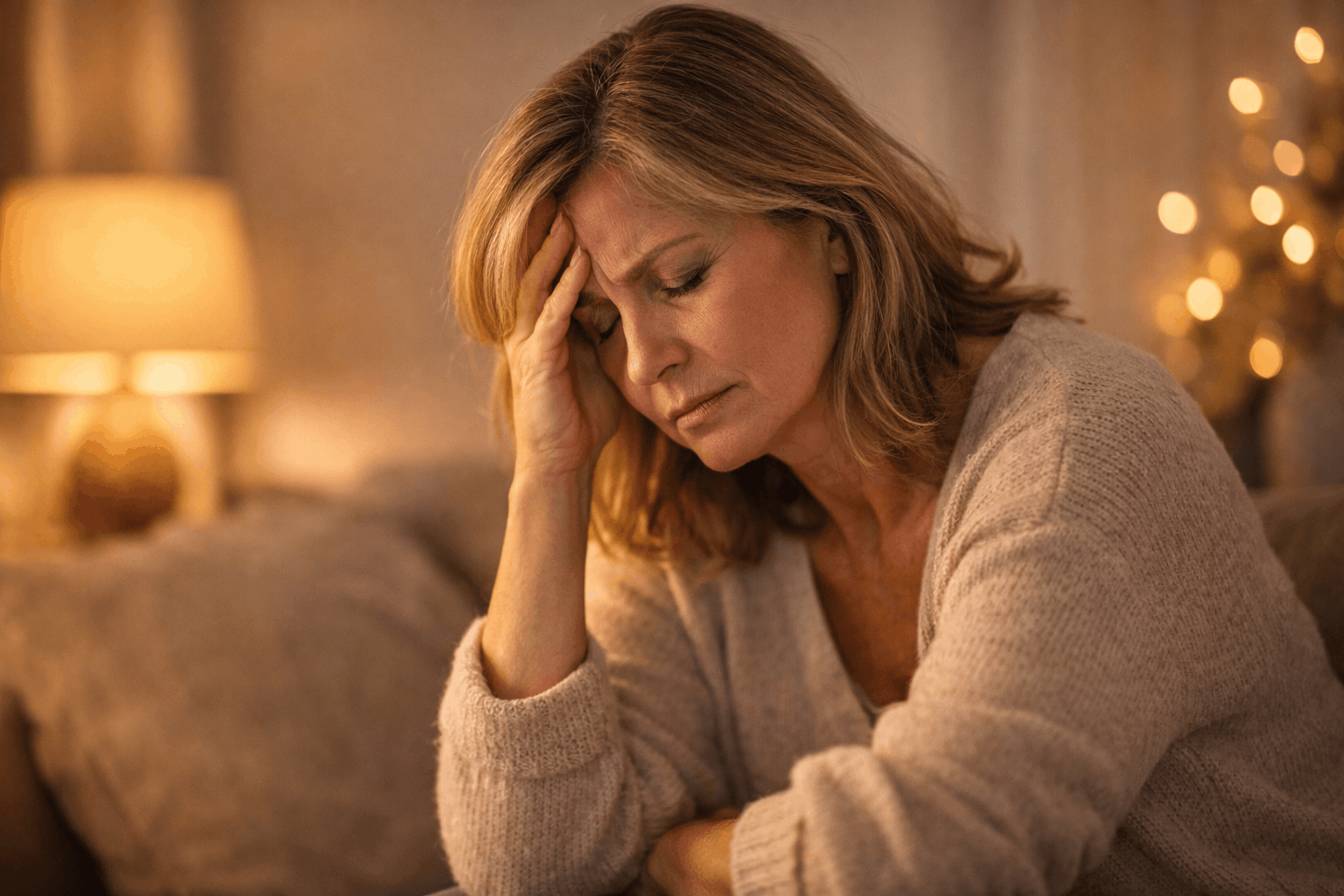 Erschöpfte Frau sitzt nachdenklich im warmen Licht und wirkt innerlich unruhig durch hormonelle Veränderungen und Stress in der Perimenopause