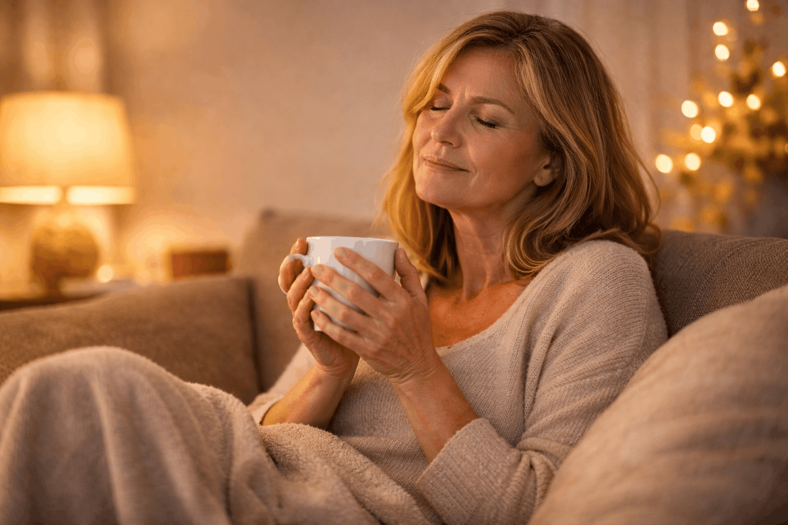Entspannte Frau trinkt Tee bei warmem Licht und findet innere Ruhe durch Nervensystem-Regulation in der Perimenopause